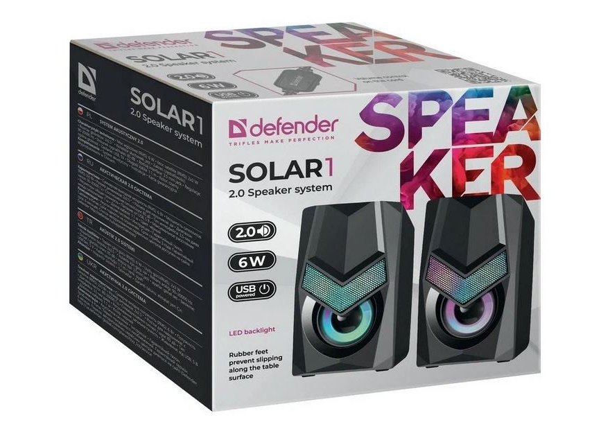 Колонки Defender Solar 1 стерео 2.0 6Вт черный, питание от USB, подсветка