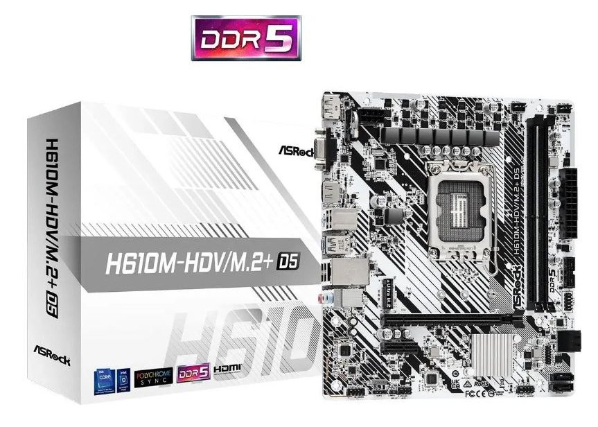 Материнская плата  ASRock H610M-HDV/M.2+ D5 H610/ 2xDDR5/ M.2/ SATAIII/ PCI-E/ D-Sub/ HDMI/ DP/ 1Гбит LAN/ USB3.2/ Type-C LGA 1700 mATX